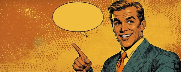 Smiling man in a pop art style suit with speech bubble