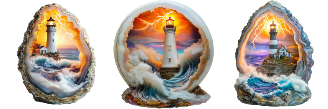 set of A 3D lighthouse inside an agate stone, lightning striking the top of it, waves crashing around it, glowing light from within , Transparent Background
