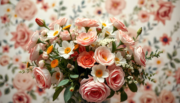 Bouquet of flowers, vintage painting style. Floral backdrop. AI, magazine photoshoot, with white tones
