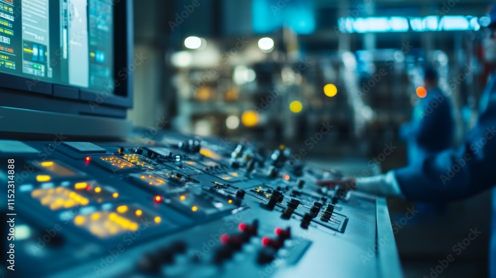 Poster control room operations industrial facility digital interface high-tech environment close-up view au