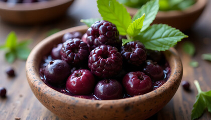 Fresh berries in a rustic bowl with mint garnish