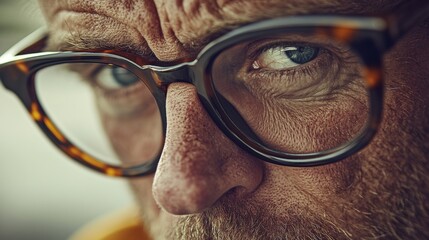 Close up Portrait, of a Man with Oversized Tortoiseshell Eyeglasses Looking Pensively