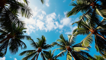Fototapeta premium Looking up at blue sky and palm trees, view from below, vintage style, tropical beach and summer background, travel concept, origami, with white tones