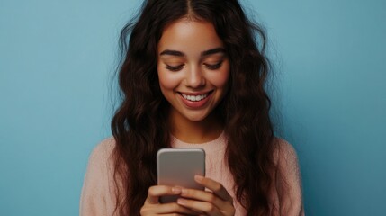 Happy Woman Focused on Her Smartphone