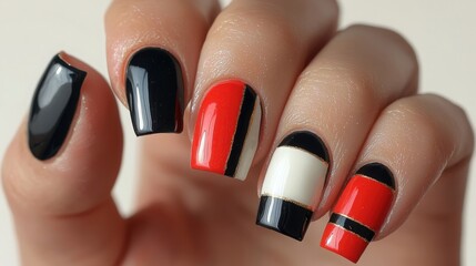 Colorful nail art design featuring black, red, and white patterns on manicured nails