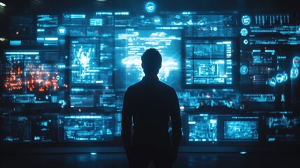 digital interface showcasing AI transforming customer experience. Include elements like glowing chatbots, personalized recommendations, predictive analytics represented through flowing data streams.