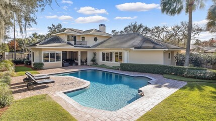 A modern house with a pool and patio area surrounded by greenery.