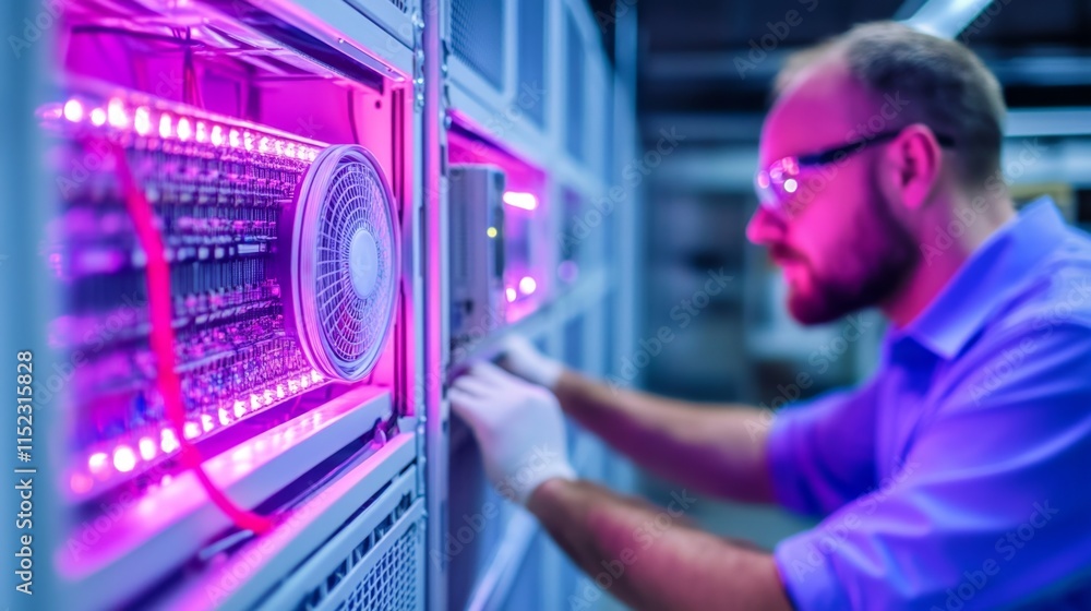 Poster data center maintenance action server room technology content high-tech environment close-up view sy