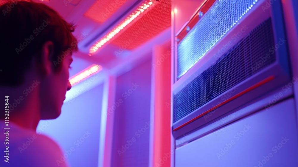 Poster exploring neon technology a user's interaction in a futuristic environment close-up view digital aes