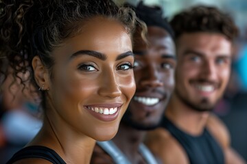 Fototapeta premium Three diverse friends smiling while enjoying time together at a fitness studio, celebrating health and friendship.