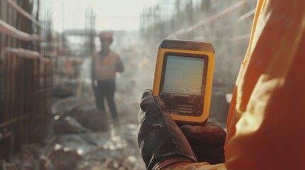 Construction worker using digital device on building site urban area industry photography daylight action focus