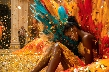 A lively Brazilian Carnival scene with samba dancers in colorful costumes moving gracefully in the background, while a young girl dressed as a bird of paradise sits in the foreground