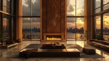 Living room in new luxury home with floor to ceiling fireplace