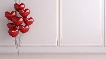 Red heart-shaped balloons are gently hovering in a bright, minimalist space with white walls and a shiny floor, creating a romantic and cheerful atmosphere