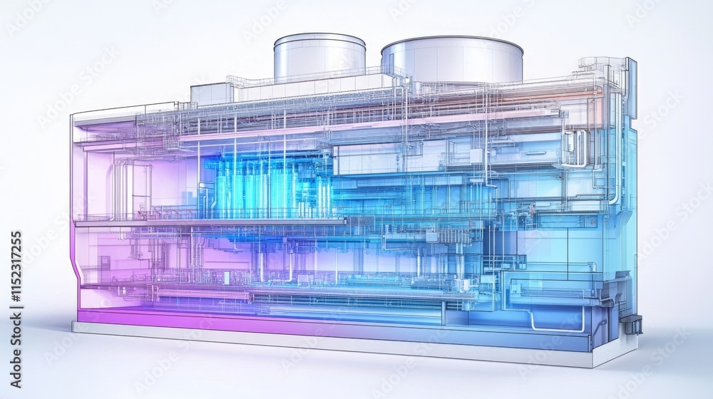 Poster industrial machinery analysis factory setting 3d visualization modern environment technical perspect