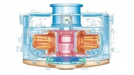 Industrial machinery breakdown detailed cross-section factory setting technical illustration engineering concept