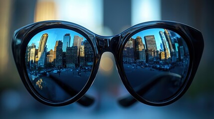 Reflections of a vibrant city skyline captured in stylish sunglasses during sunset