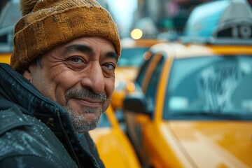 Warm portrait of a smiling man in a winter hat near yellow taxis in a bustling city.