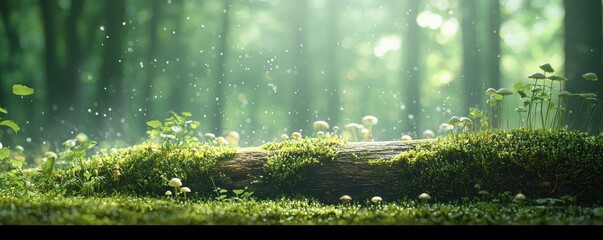 A serene forest scene with a mossy log and mushrooms