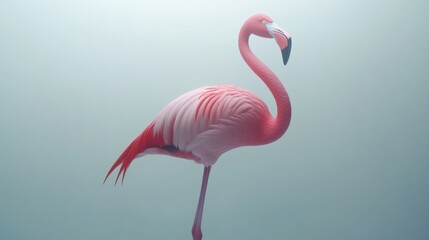 Fototapeta premium a single pink flamingo stands against a solid light blue background
