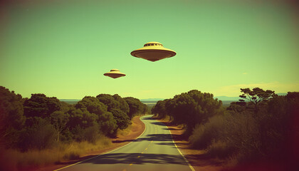 Unidentified flying object. Two UFOs flying over a road among the trees. 3D illustration retro photo vintage. Noise and defects of old photo film, asian style, with white tones