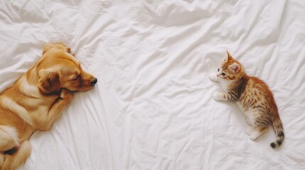 Obraz premium Playful puppy and curious kitten on cozy bed indoor setting pet photography warm atmosphere close-up view friendship concept