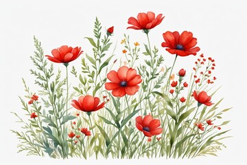 there are many red flowers that are growing in the grass