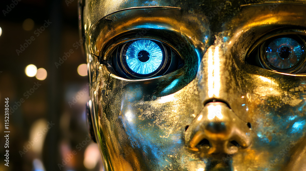 Poster close-up of a golden robotic face with glowing blue eyes. the metallic texture and intricate details