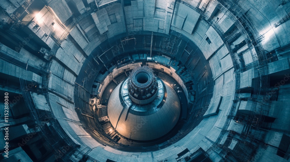 Poster exploring the aerial view of nuclear reactor engineering infrastructure high-tech environment energy