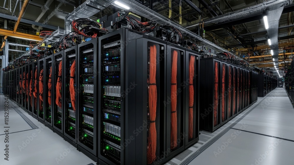 Poster server infrastructure management data center technology industrial environment wide angle view advan