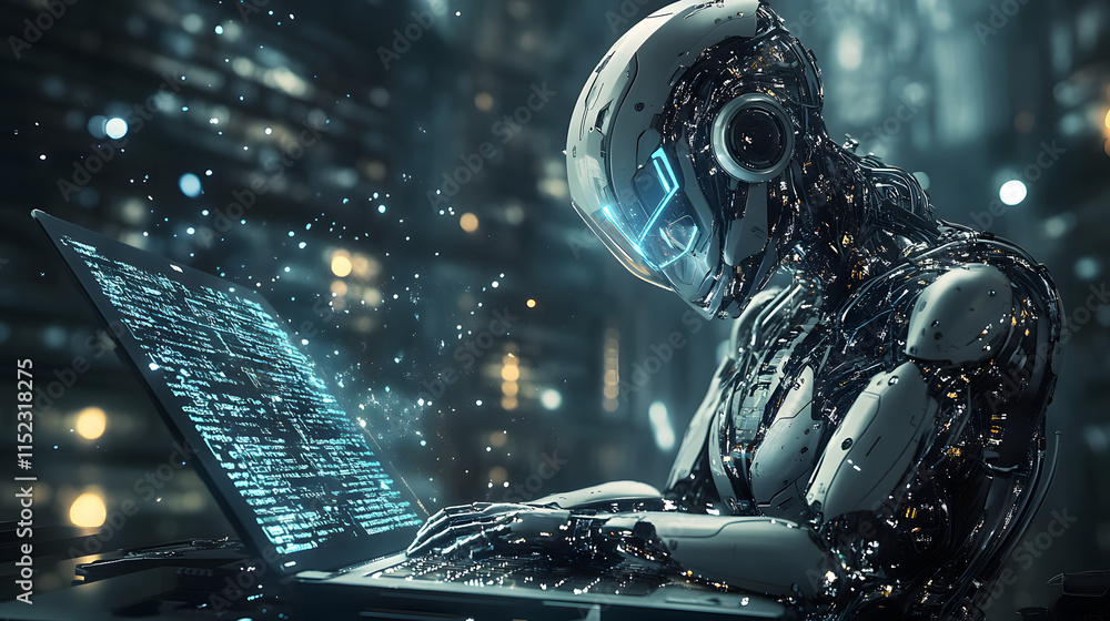 Poster a futuristic robot diligently works on a laptop, its screen displaying lines of code. sparks of digi
