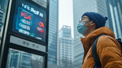 Urban exploration of a masked individual observing digital displays in a cityscape modern environment street view contemporary life