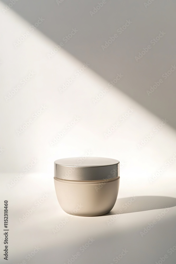Poster clean single jar of clay mask with sleek modern lid displayed on smooth white surface under soft lig
