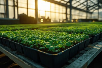 In a greenhouse filled with sunlight, vibrant seedlings thrive in seedling trays, showcasing a journey of growth and nature&rsquo;s beauty. This image captures green life in harmony.