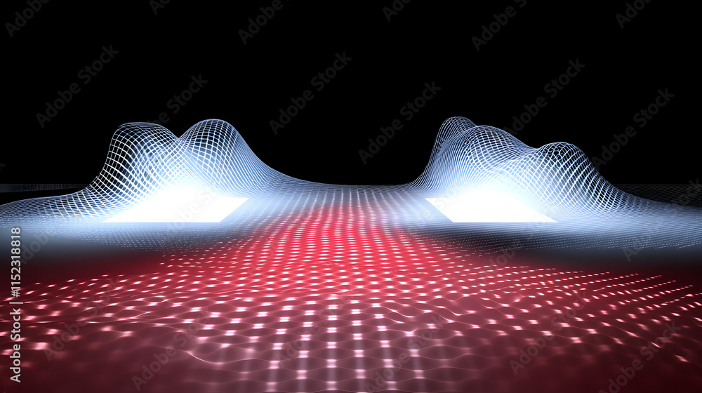 Poster abstract digital landscape with glowing white grid waves over a red textured surface. two bright squ
