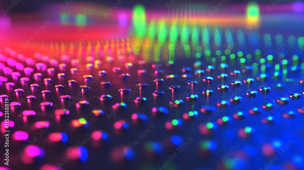 Poster Abstract background with vibrant neon lights reflecting on a textured surface.  A pattern of small, glossy dots creates a dynamic, colorful composition.