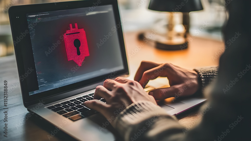Poster close-up of hands typing on a laptop displaying a red pixelated padlock on a code background, sugges