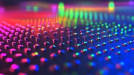 Fototapeta premium Abstract background with vibrant neon lights reflecting on a textured surface. A pattern of small, glossy dots creates a dynamic, colorful composition.