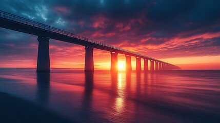 Dramatic sunset over a long bridge extending into the ocean, vibrant colors reflecting on the water.