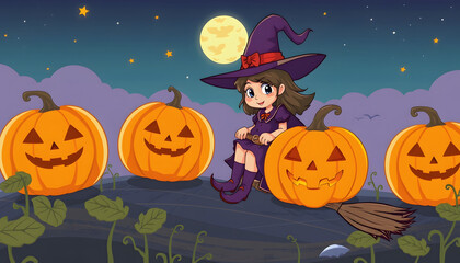 Fototapeta premium Young witch hovers on her broom, eyeing which pumpkin to choose, clipart style, with white tones
