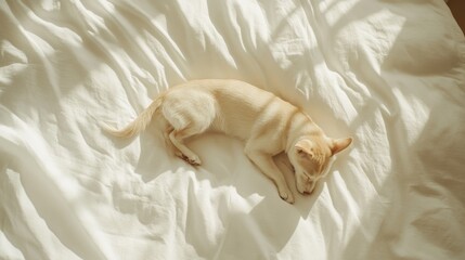 Playful puppy nap time cozy bedroom pet photography warm atmosphere aerial view adorable moments