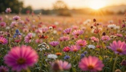 Fototapeta premium colorful wildflowers blooming in a field during sunset