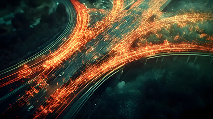 Aerial view of a highway interchange at night, glowing with vibrant orange light trails, depicting a complex network of transportation and connectivity.