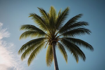 there is a palm tree that is tall and has a sky background