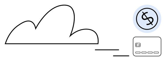 Cloud connected to a dollar sign and a credit card. Ideal for technology, finance, e-commerce, digital banking, cloud services, online transactions, modern business. Line metaphor