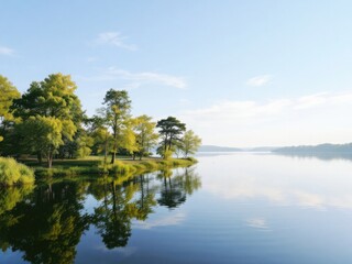 Fototapeta premium Serene Lake Reflection with Lush Green Trees