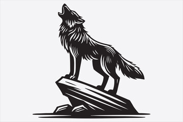 A stylized black and white silhouette of a wolf howling.