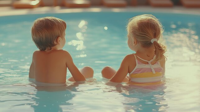 Cute little children sitting near swimming pool