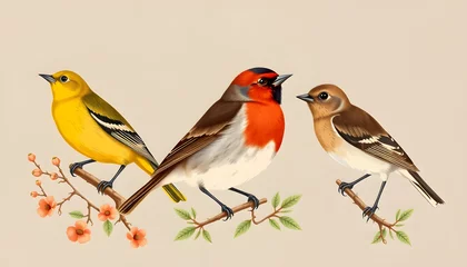 Poster de jardin  Bird collection - Goldfinch (Carduelis elegans), European Robin (Erithacus rubecula), Red backed Shrike (Lanius collurio) / vintage illustration, clipart style, with white tones  © SusDmi