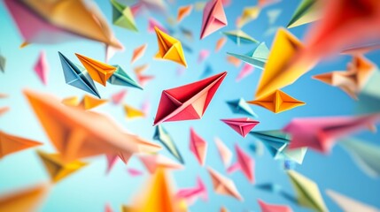 Colorful paper airplanes taking flight sky digital art bright atmosphere aerial view creativity and imagination